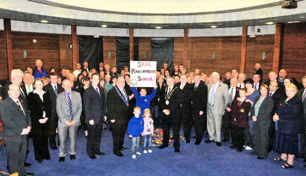 At Lisburn Council Chamber are families and politicians opposed to the proposed closures of local schools US4411-401PM Pic by Paul Murphy