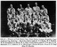 1924-25- Winners of Irish Senior Cup, Ulster Senior League (Keightley Cup), Anderson Cup, Kirk Cup - Back Row (left to right) R. T. S. Bailey, W. P. Bullick, W. H. Greenfield, S. G. Black, W. G. Allen. Centre (left to right) F. T. W. Rice, G. W. Bannister, G. L. Alderice, G. G. MacGregor, Ernest Browne. Front D. D. Duff (Res), W. Bowden