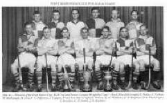 FIRST IRISH SENIOR CUP WIN FOR 20 YEARS - 1944-45- Winners of the Irish Senior Cup, Kirk Cup and Senior League (Keightley Cup)- Back Row (left to right) S. Finlay, J. Corken, W. McDonagh, M. Jess, F. C. Jefferson, J. Lappin. Front Row (left to right) S. Wilson, E. N. Williams, G. B. Raphael, D. G. Paul (Capt.), J. Bowden, G. D. Smith, J. S. Hadden