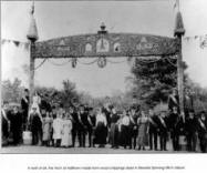 A work of art, the 'Arch' at halftown made from wood chippings dyed in Stewarts Mill in Lisburn