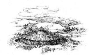 Conjectural reconstruction of Lissue ringfort in about A.D. 1000, from the south east. (Drawn by D. Crone).