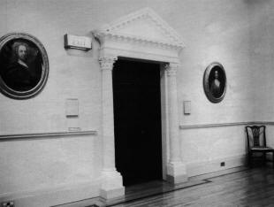 Fig. 8. The 18th century doorcase of the assembly room, as restored in 1980. (Photograph Lisburn Museum, 1985).
