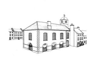 Fig. 3. A conjectural reconstruction of the market house in the mid 18th century, as seen from Castle Street.	(Drawing, Lisburn Museum, 1981).