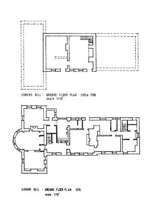 Fig. 6. Conjectural plan of the house, c. 1700, and plan of the house at the present time.