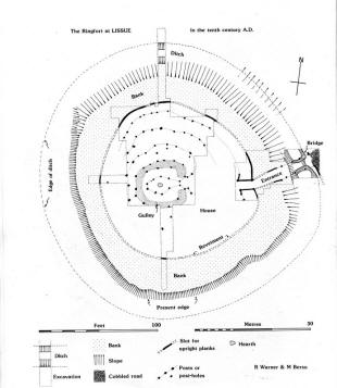 Fig. 2. Plan of the second ringfort, Lissue II. The house plan, that is the central portion and the concentric posts, is that of the first building phase. The second and third were virtually identical. The bridge is shown as it was in the second phase. (Plan drawn by Richard Warner).