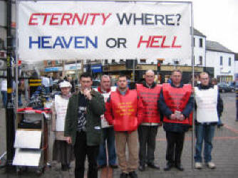 Members of the Lifeboat Mission pictured during a Saturday afternoon open-air meeting in Bow Street, Lisburn.  L to R:  Hannah McBride, Alan Bartley - Evangelist, Paul Johnston, Nicky Wood, Brian Annett, Stephen Haffey and Colin Annett.