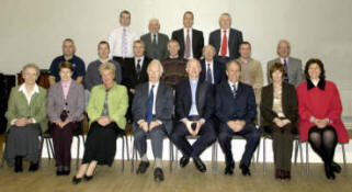 Congregational Committee L to R: (front row) Bertha Cowan, Elizabeth Bridgett, Elizabeth Menown, Robin Coulter - Secretary, Rev. Brian Gibson - Minister, Maurice Gowdy-Treasurer, Jean Murray and Janet Ferguson. (second row) Craig Adair, Geoffrey Reid, Ivan Woods, Geoffrey Rogers, Billy Braithwaite, Gordon Crawford and Colin McLean. (back row) David Milligan, Raymond Spence, Ian Mulholland and John Kelly. Missing from the photo: Nigel Brown, Karen Elliott, John Gillespie, Robin Martin, William McClelland, Grace McCombe, Pamela Russell and Gordon Wallace.