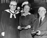 The Rev. F. L. McConnell pictured with Miss Sadie Stronge - Sunday School Teacher at First Dromore for 45 years and John McGrehan - Sunday School Teacher (1934 -1954 and Superintendent (1954 - 1984).