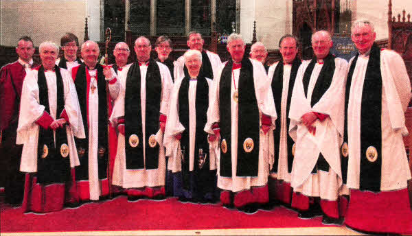 The new Canons installed at Lisburn Cathedral with other clergy who attended the service Including the Bishop of Connor, the Rt Rev Alan Abernethy, and the preacher, the Rev Canon Kathleen Brown. Photo by Norman Briggs (RnBphotography)