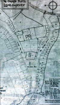 The earliest plan drawing of Lisburn, c.1630, which shows the street layout, 1 the castle and the first church.