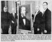 Admiring a portrait of A T Stewart, the American millionaire who was born In Lisburn and whose bicentenary is being celebrated at the 'Star n' Stripes' Festival were left to right. Mister McReynolds, Lisburn Institute, where the portrait is to be displayed, Griffith Black who presented the portrait. the Mayor Councillor Jim Dillon and Aric Schwan. Cultural Affairs Officer at the American Consul S25-222