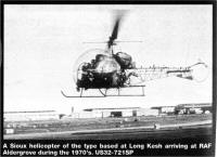 A Sioux helicopter of the type based at Long Kesh arriving at RAF Aldergrove during the 1970's. US32-721 SP