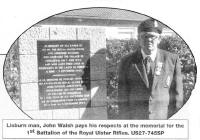 Lisburn man John Walsh pays his respects at the memorial for the 1st Battalion of the Royal Ulster Rifles. US27-745SP