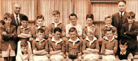Largymore Primary School football team of 1961/62. They were the first team to win 'The Double' without defeat in the entire season of the local primary school league.