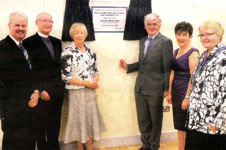 Councillor Thomas Beckett, Canon Ernest Harris, Mrs Mary McStravick chair Board of Governers, Mr Gregory Butler Chief Executive South Eastern Education and Library Board, School Principal Lorraine Magowan and Deputy Mayor Margaret Tolerton at the opening of Ballinderry Primary School new Building. US2612-115A0