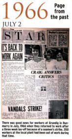 There was good news for workers at Grundig in Dunmurry in July, 1966 when they returned to work after a three week lay-off because of a seamen's strike. 350 workers at the local plant had been out of work during that time.