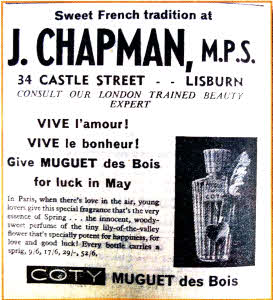 Love was in the air back in 1958 when the Star advertised Muguet des Bois the sweet French perfume on sale at J. Chapman, MPS, Castle Street in Lisburn.