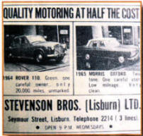 Back in 1966 Stevenson Bros. Lisburn promised quality motoring at half the cost.