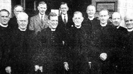 Rev TS Reid at Cargycreevy Presbyterian Church in September 1958. Pictured are Rev McCombe, Rev Chestnutt, Rev Reid, Rev Colivia, Rev Parker, Rev Thompson (back row) Mr Ball, Mr Doman, Mr McClelland, Rev Irwin and Rev McAllister.