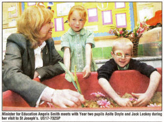 Minister for Education Angela Smith meets with Year two pupils Aoife Doyle and Jack Leckey during her visit to St Joseph's. US17-732SP