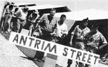 A reminder of home...Lagan Valley MP Jeffrey Donaldson walks 'Antrim Street' in Camp Shorabak in Afghanistan.