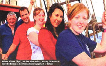 Melanie Warden (right), and her fellow sailors, working the ropes on board the Euro on their Transatlantic voyage back to Belfast