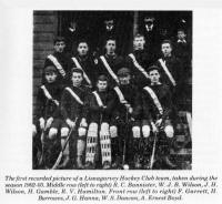 The first recorded picture of a Lisnagaruey Hockey Club team, taken during the season 1902-03. Middle row (left to right) R. C. Bannister, W. J. B. Wilson, J. H. Wilson, H. Gamble, R. V. Hamilton. Front row (left to right) F. Garrett, H. Burrowes, J. G. Hanna, W. S. Duncan, A. Ernest Boyd.