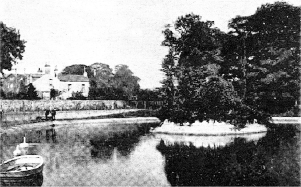 A postcard depicting the pond at Wallace Park. The scene dates from around the time of the Rice tragedy