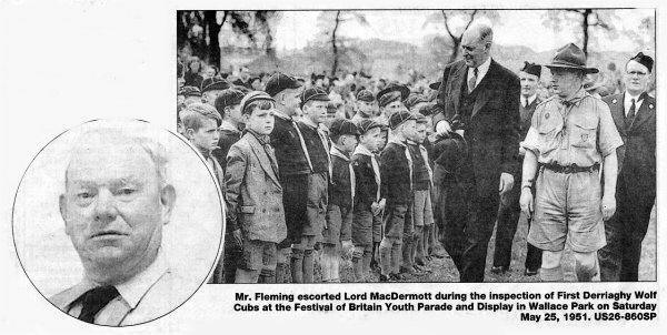 Mr. Fleming escorted Lord MacDermott during the inspection of First Derriaghy Wolf Cubs at the Festival of Britain Youth Parade and Display in Wallace Park on Saturday May 25, 1951. US26-860SP