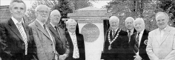 Pictured at the unveiling of a plaque at Drumbroneth house in honour of the goldsmith and philanthropist William Gibson are John Davis QUB, James Hawthorne and James Nolan from the Ulster History Circle, Victor Shields, Jim McElroy chairman of Banbridge District Council, Walter Smith from the Gibson Trust, Raymond Kelly and historian Tom Shields.